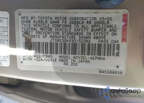 2003 Toyota Camry Le from USA, damaged, VIN JTDBE32KX30152382